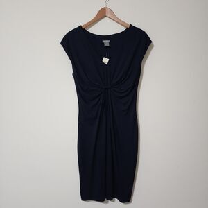 NWT Ann Taylor Womens Ruched Front Dress Solid Navy Blue Jersey Office Casual Sm